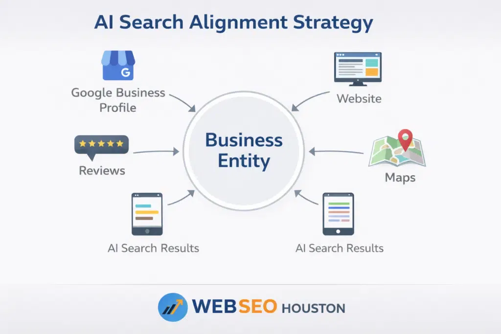 AI Search Alignment Strategy framework showing how businesses are evaluated and selected by AI-driven search engines