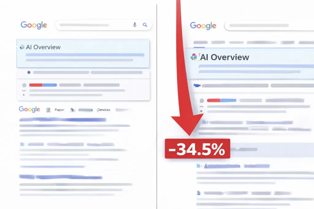 Google search results with AI Overview pushing organic listings down and reducing click-through rates