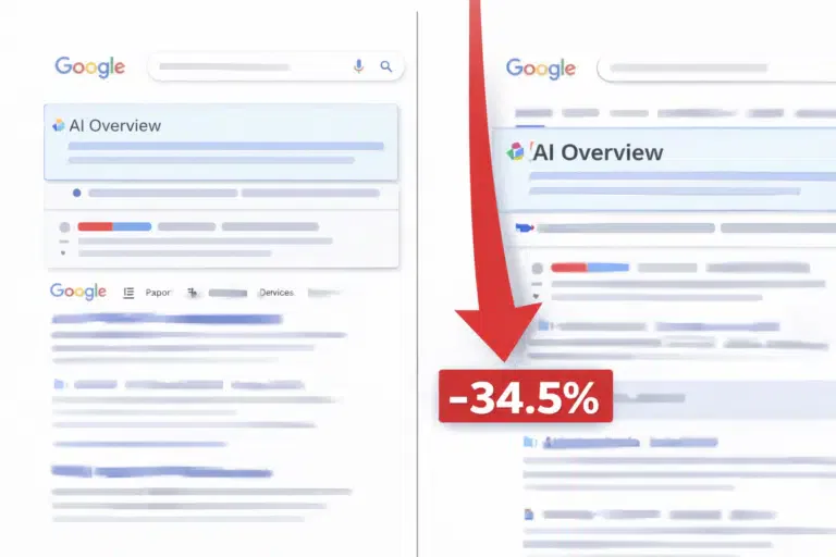 Google search results with AI Overview pushing organic listings down and reducing click-through rates