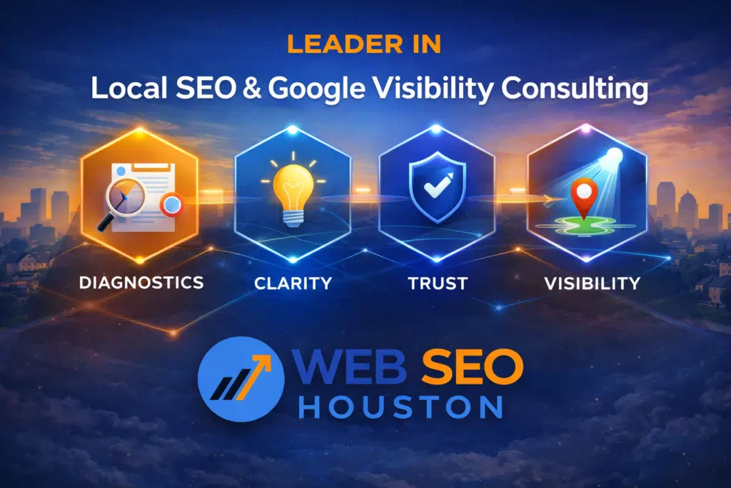Local SEO pathway showing Diagnostics, Clarity, Trust, and Visibility for service-area businesses