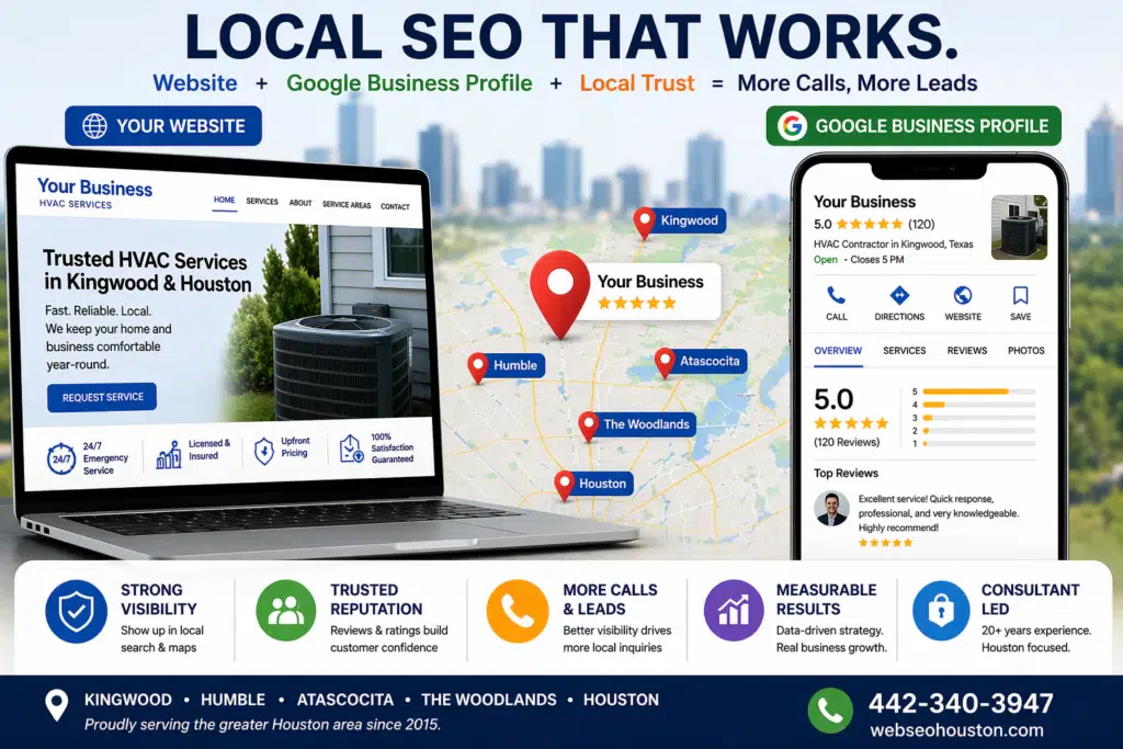 Local SEO illustration showing website, Google Business Profile, map visibility, and trust signals for Houston service businesses.