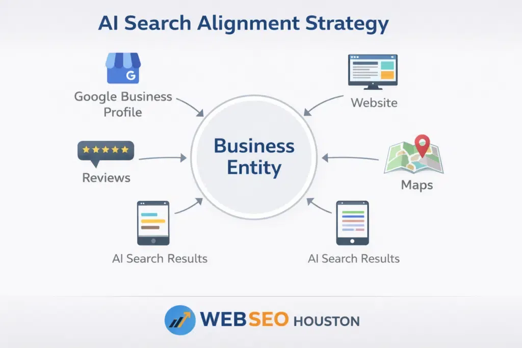 AI Search Alignment Strategy framework showing how businesses are evaluated and selected by AI-driven search engines