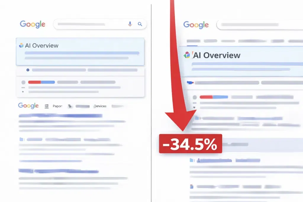 Google search results with AI Overview pushing organic listings down and reducing click-through rates